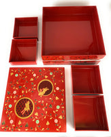 Japanese Yamanaka Lacquerware Rabbit Arabesque Two-tiered Food Box RED 8.0 / 日本山中漆器兔子蔓藤花糖果盒 8.0